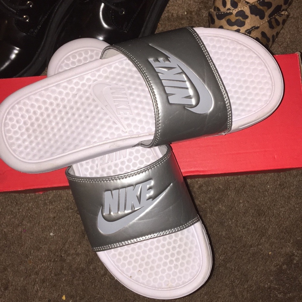 Silver & White Nike Slides